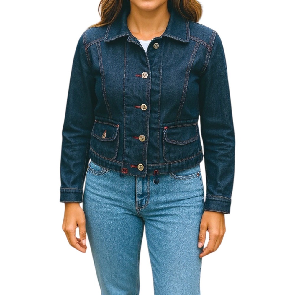 Chico's Platinum Women Denim Jacket Size 1 Dark Wash Blue‎ Button Front Stretch